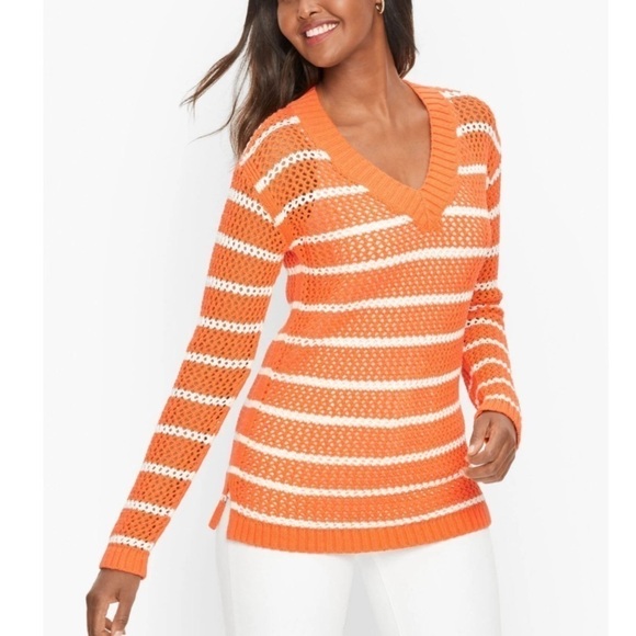 Talbots Sweaters - Talbots Open Knit Crochet Tunic Sweater Orange Stripes Cotton Med Pet Beach